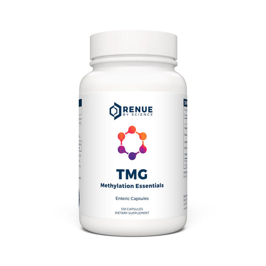 Renue By Science TMG bottle front highlighting 900 mg per serving for methylation support.