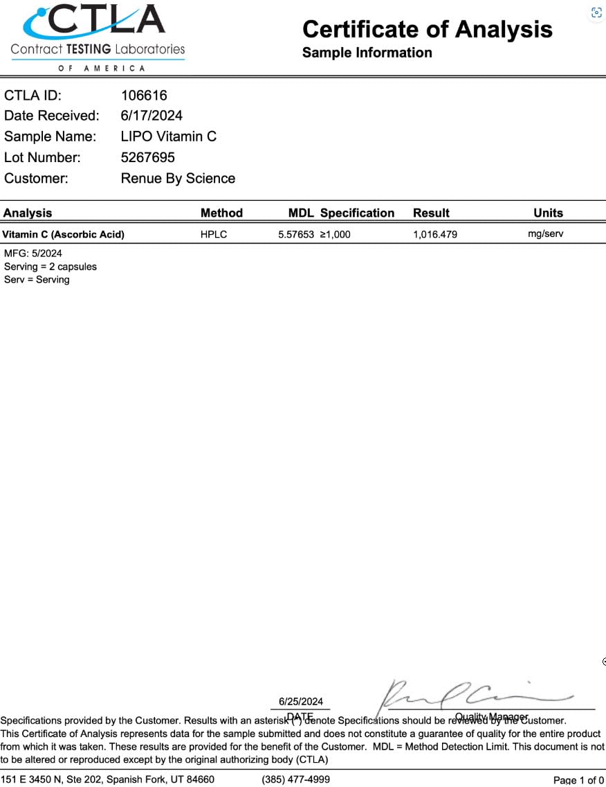 Renue By Science Vitamin C liposomal label shows non-GMO and allergen-free quality.
