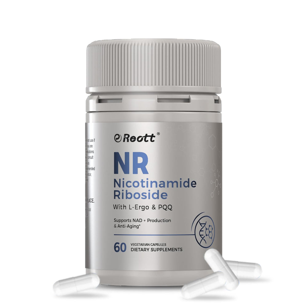REOTT NR bottle front label highlighting 60 capsules for NAD+ support