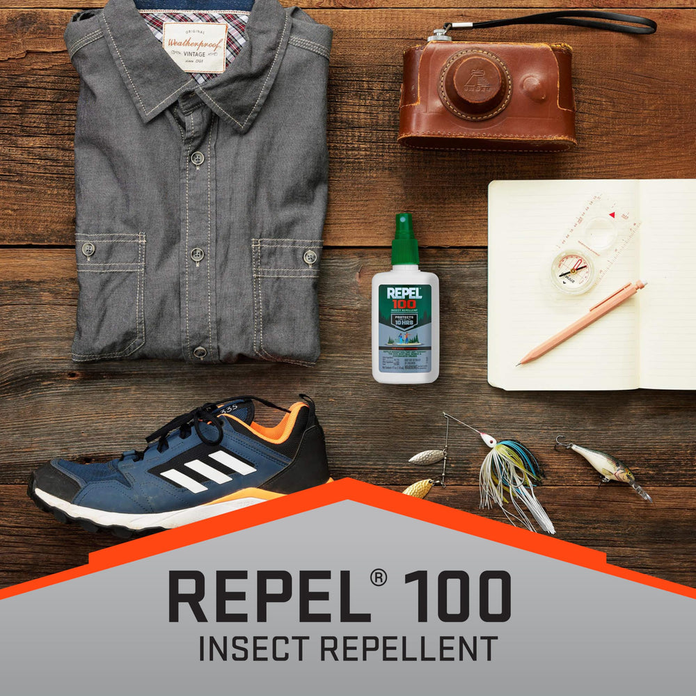 Repel 100 six-pack packaging for family outdoor use.