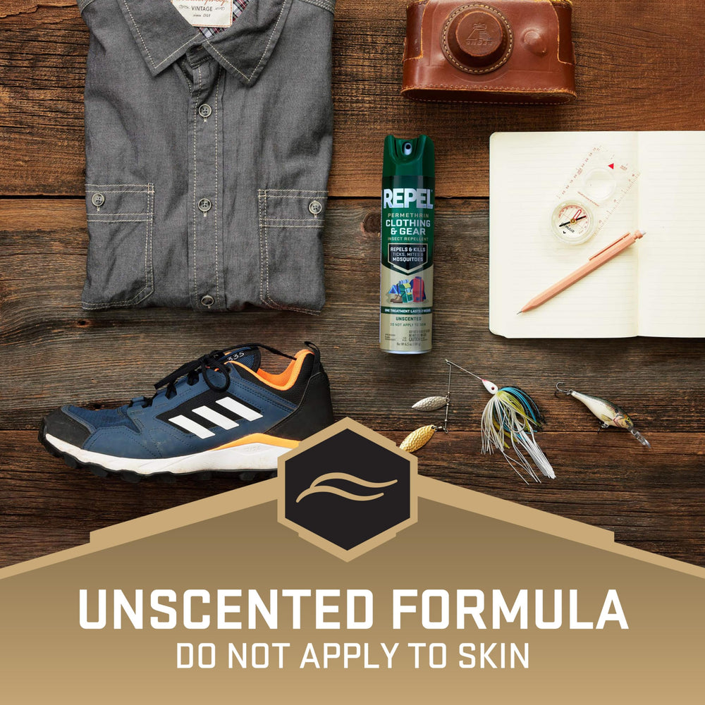 Repel Permethrin unscented spray keeps gear odor-free during trips.