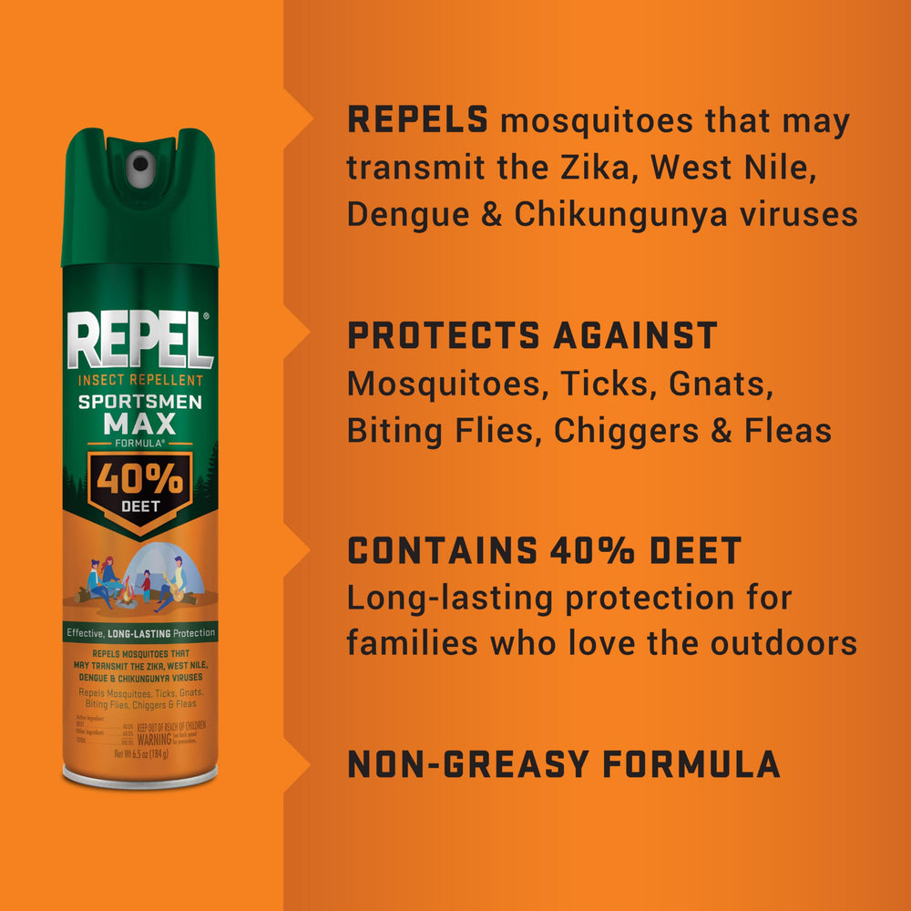 CDC-recommended DEET-based protection with Repel Sportsmen Max.