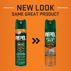 Repel Sportsmen Max Formula spray bottle outdoors during camping to deter ticks.