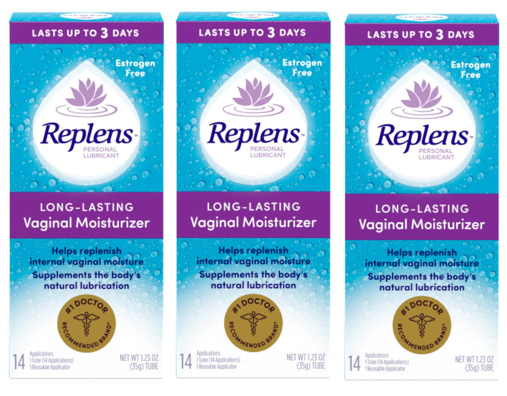 Replens 3-pack moisturizer tubes on display, promising long-lasting vaginal moisture.