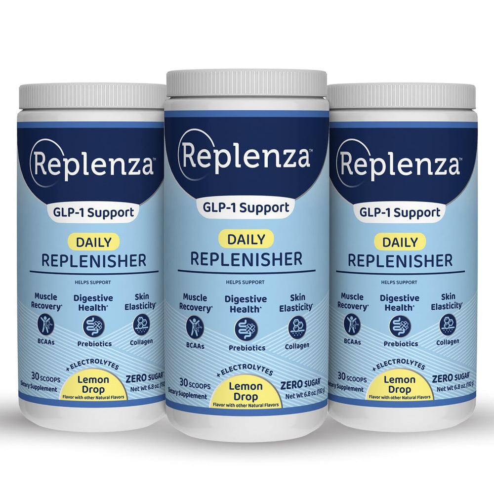 Replenza Daily Replenisher lemon powder being poured for hydration support.
