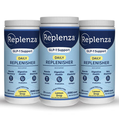 Replenza Daily Replenisher lemon powder being poured for hydration support.