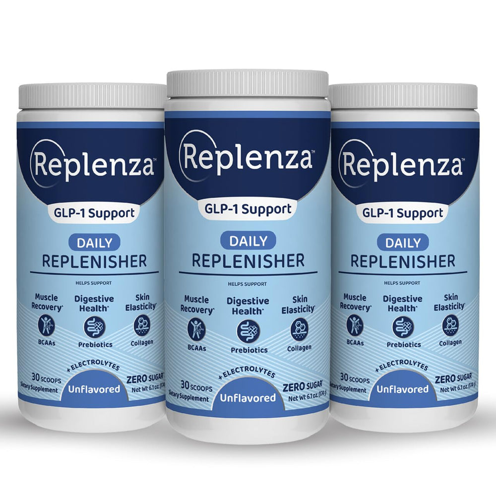 Replenza Daily Replenisher powder tub for GLP-1 support and hydration.
