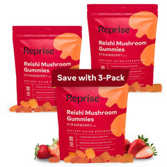 Reprise Reishi gummies bottle highlights strawberry flavor for daily wellness.