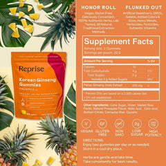 Reprise Ginseng Gummies ingredient panel: shows natural pineapple flavor and plant-based formula.