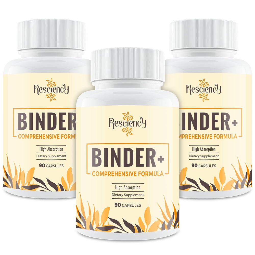 Resciency Detox Binder activated charcoal capsules in a bottle support daily wellness routines.