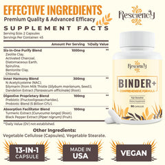 Resciency Detox Binder capsules close-up highlighting vegan formula.