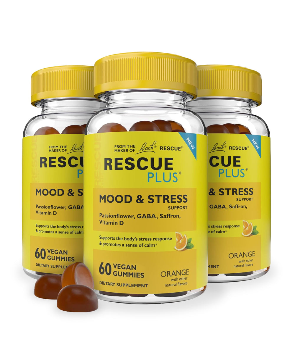 RESCUE Bach Plus mood gummies pack promotes convenient daily stress support.