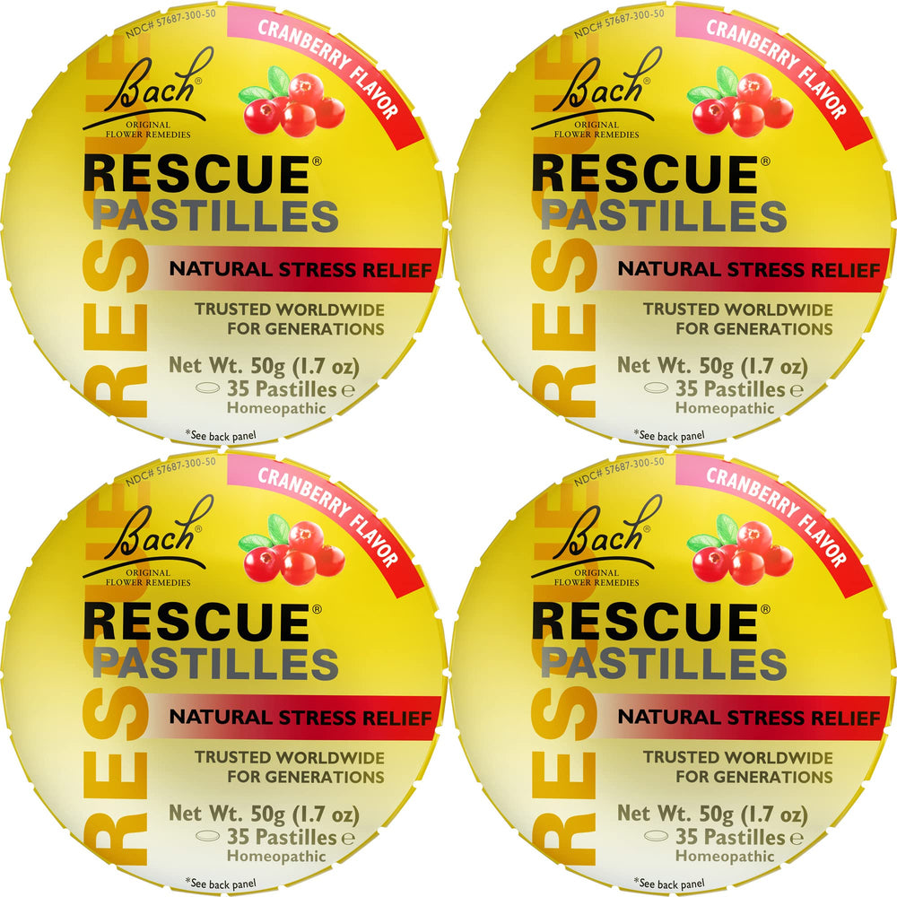 RESCUE Bach Rescue Pastilles Cranberry 4-pack for on-the-go calm and subtle stress relief.