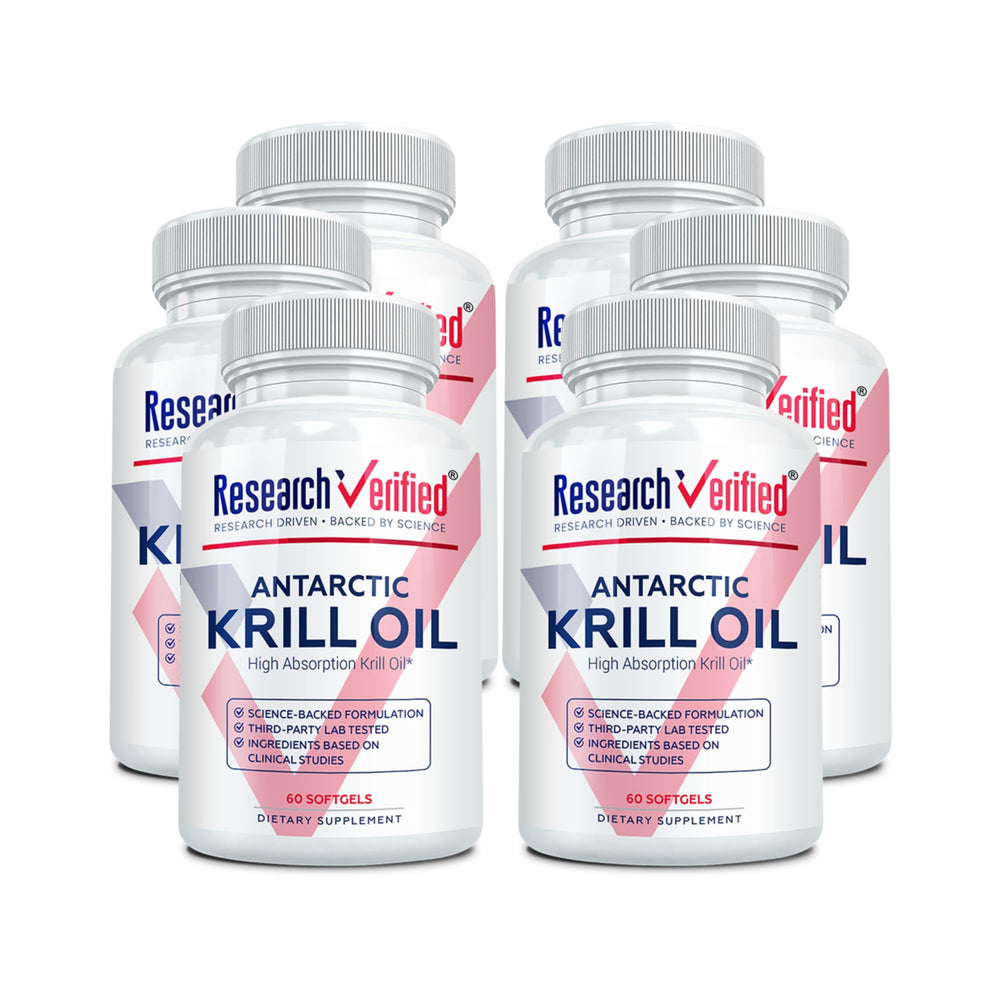 Research Verified Antarctic Krill Oil bottle highlighting sustainable sourcing for heart and brain support