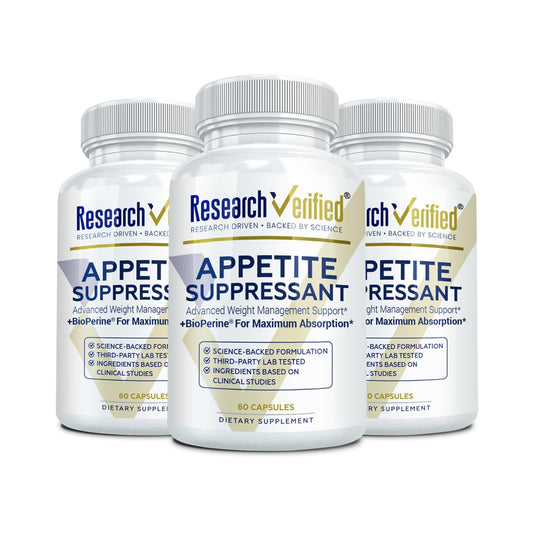 Research Verified appetite-suppressant bottle front shows label and cravings support.