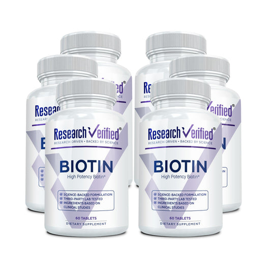Research Verified Biotin 10000mcg bottle with vegan tablets for hair, skin, and nails
