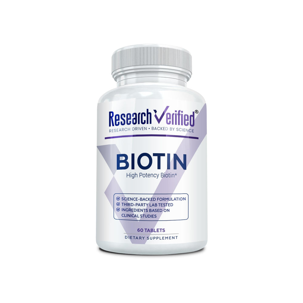 Research Verified Biotin 10000mcg tablet closeup, ideal for hair and nails support.