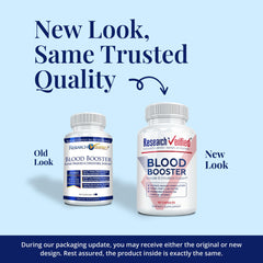 Research Verified Blood Booster capsules close-up showing red capsules and natural ingredients for circulation support