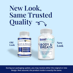 Research Verified Body and Breath capsules pack close-up showing 60 vegan capsules.