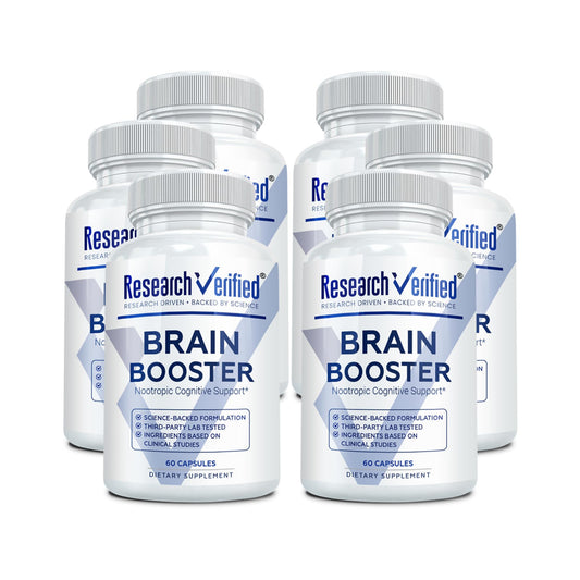 Research Verified Brain Booster bottle front showing label and focus support.