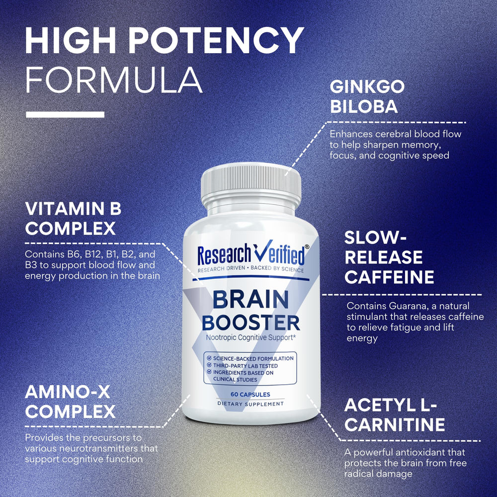 Research Verified Brain Booster bottle in a calm study setup implying mental clarity.