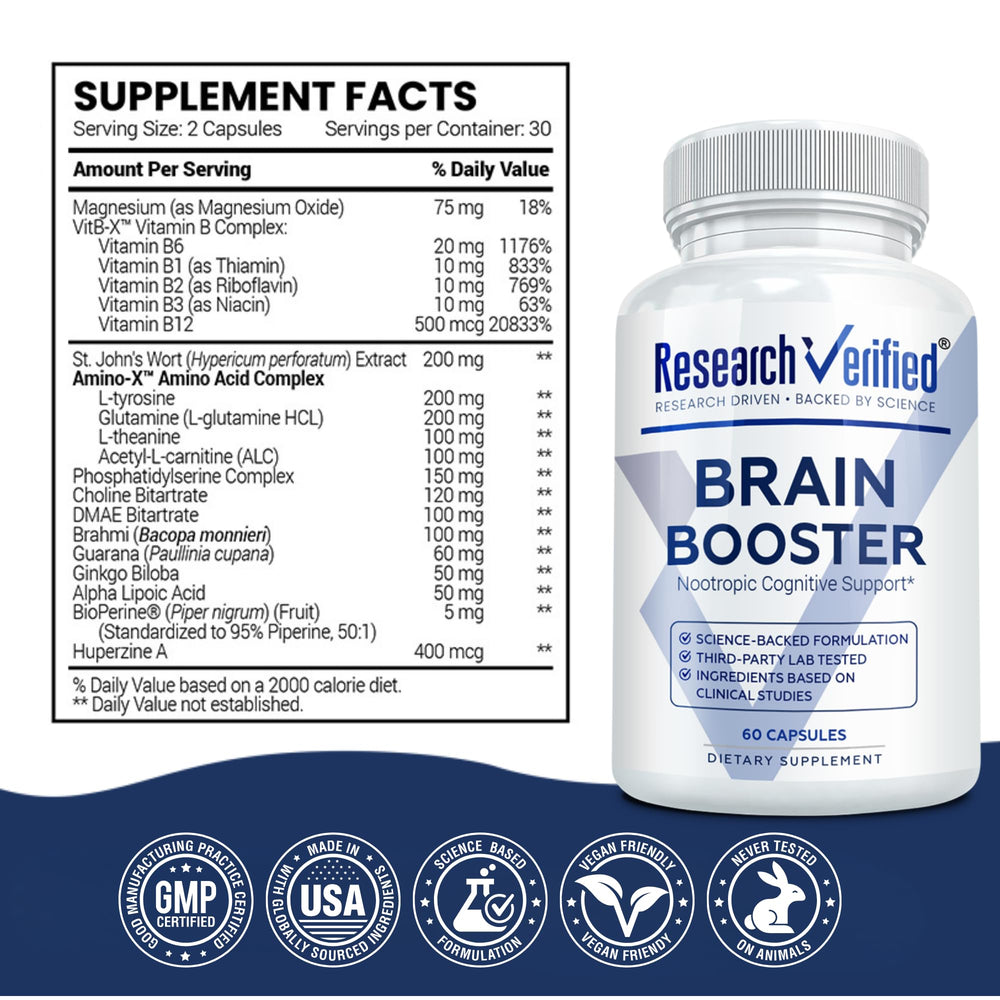 Research Verified Brain Booster packaging box showcasing vegan capsules and clean ingredients.