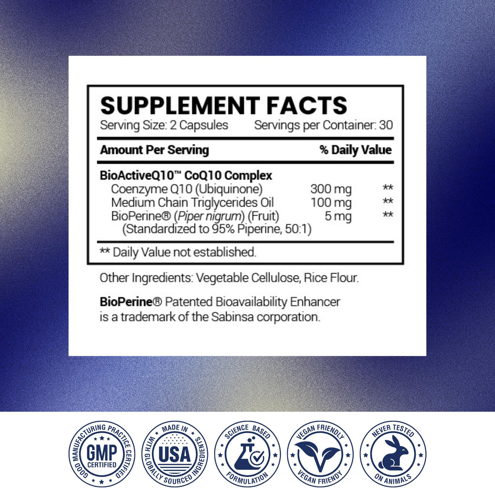 Open bottle of Research Verified CoQ10 with capsules ready for daily use