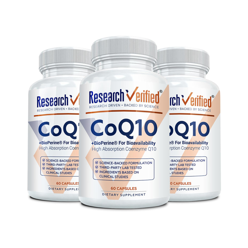 Research Verified CoQ10 bottle shows a high-potency vegan supplement for daily antioxidant support.