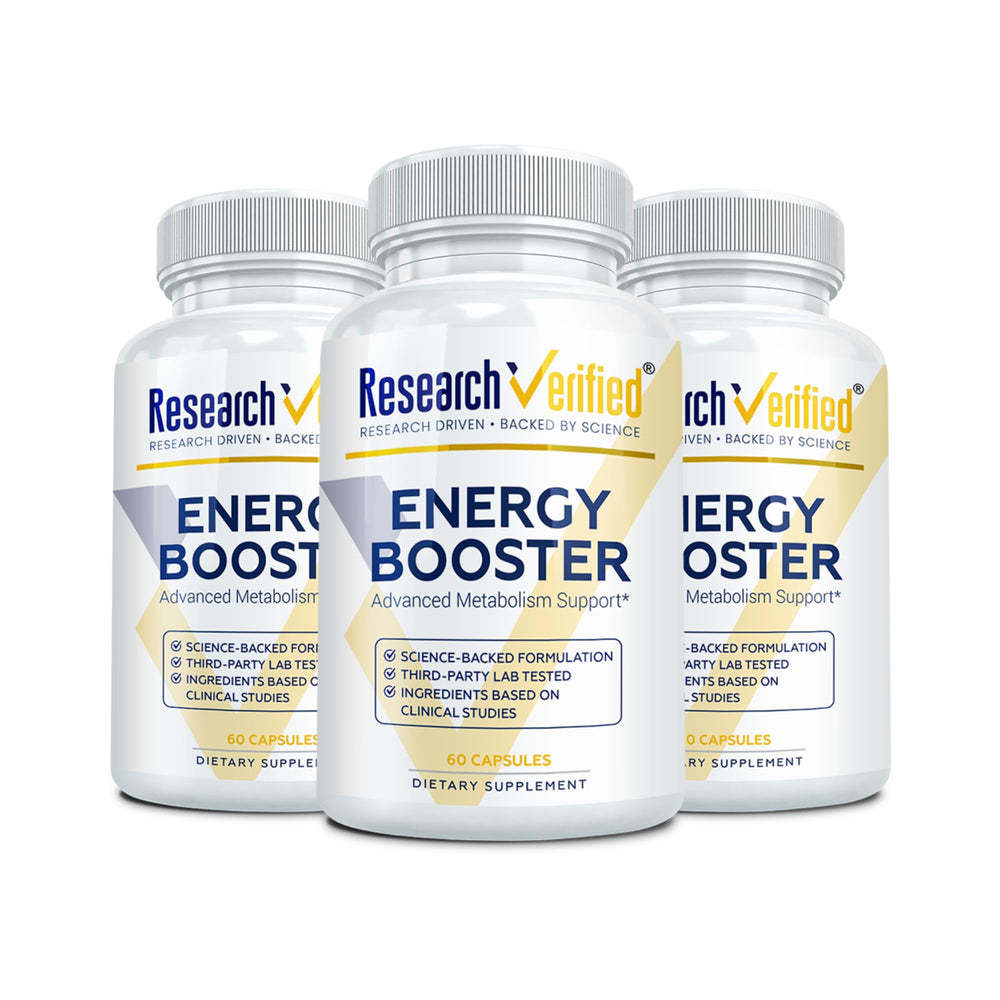 Research Verified Energy Booster bottle front shows caffeine-free formula for daily support.