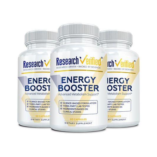 Research Verified Energy Booster bottle front shows caffeine-free formula for daily support.