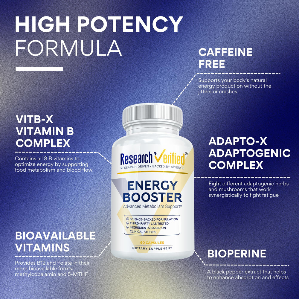 Research Verified Energy Booster capsules arranged for a clean caffeine-free option.