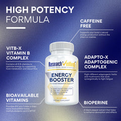 Research Verified Energy Booster capsules arranged for a clean caffeine-free option.