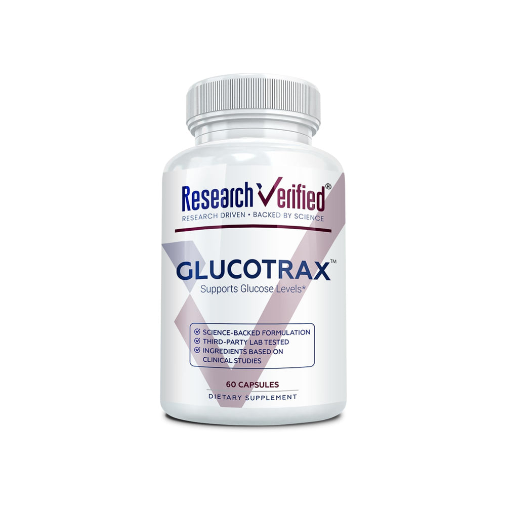 Research Verified Glucotrax bottle front for daily balance support.