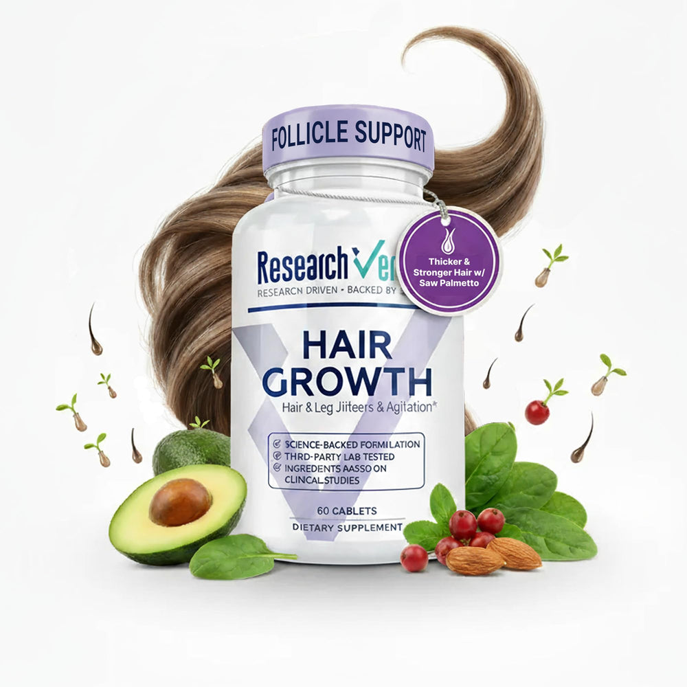 Research Verified Hair Growth Support bottle pour shows premium formula for hair vitality