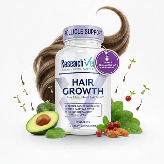 Research Verified Hair Growth Support bottle pour shows premium formula for hair vitality