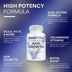 Closeup of Research Verified Hair Growth Support label shows a clear formula