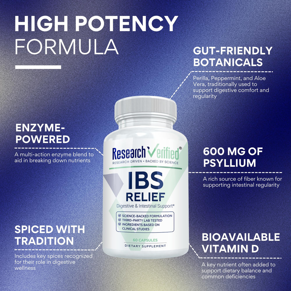 Research Verified IBS Relief turmeric extract bottle showing 95% curcuminoids.