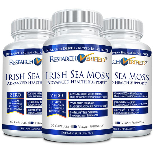 Research Verified Irish Sea Moss bottle front for vegan wellness