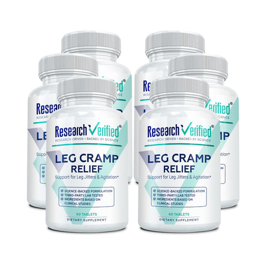 Research Verified Leg Cramps bottle with daily capsules for circulation support.