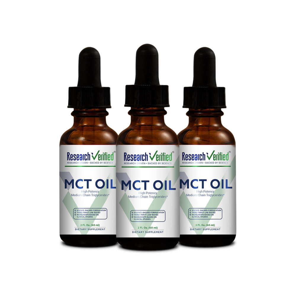 Research Verified MCT Oil bottle front for daily coconut-based energy support.