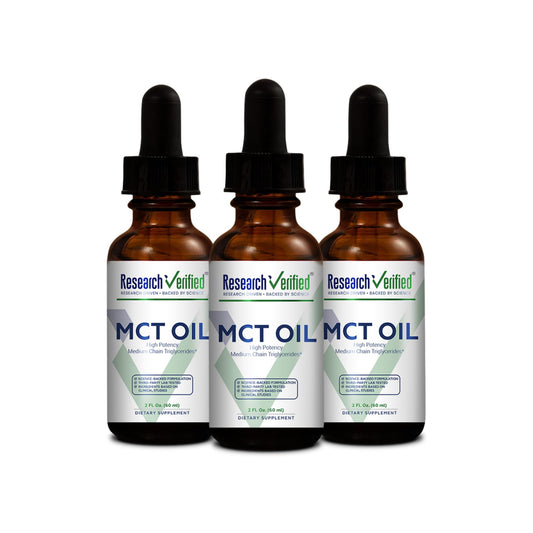 Research Verified MCT Oil bottle front for daily coconut-based energy support.