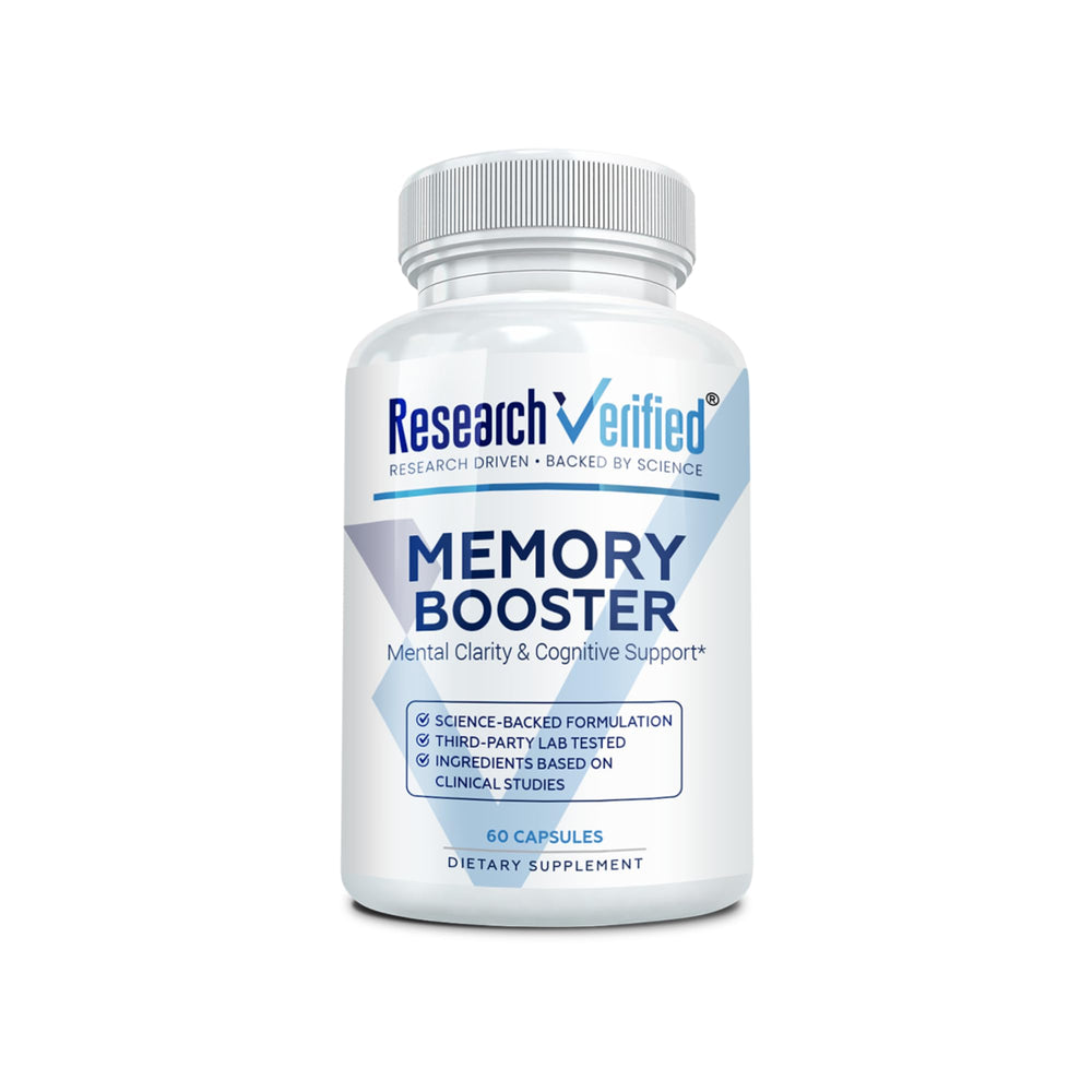 Research Verified Memory Booster bottle front, easy daily cognitive support for focus.