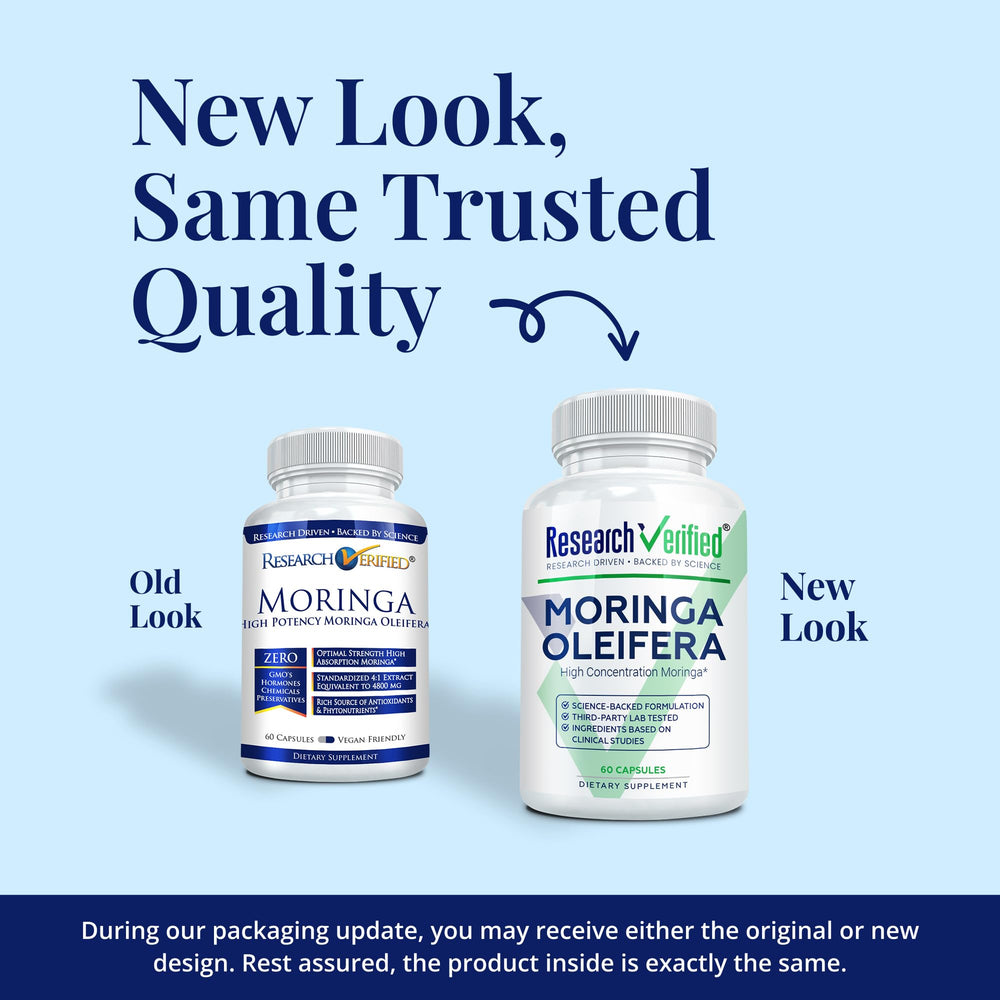 Research Verified Moringa Oleifera bottle label highlights purity and USA-made quality