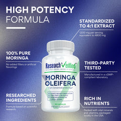 Research Verified Moringa Oleifera capsules closeup emphasizing 1200 mg dosage
