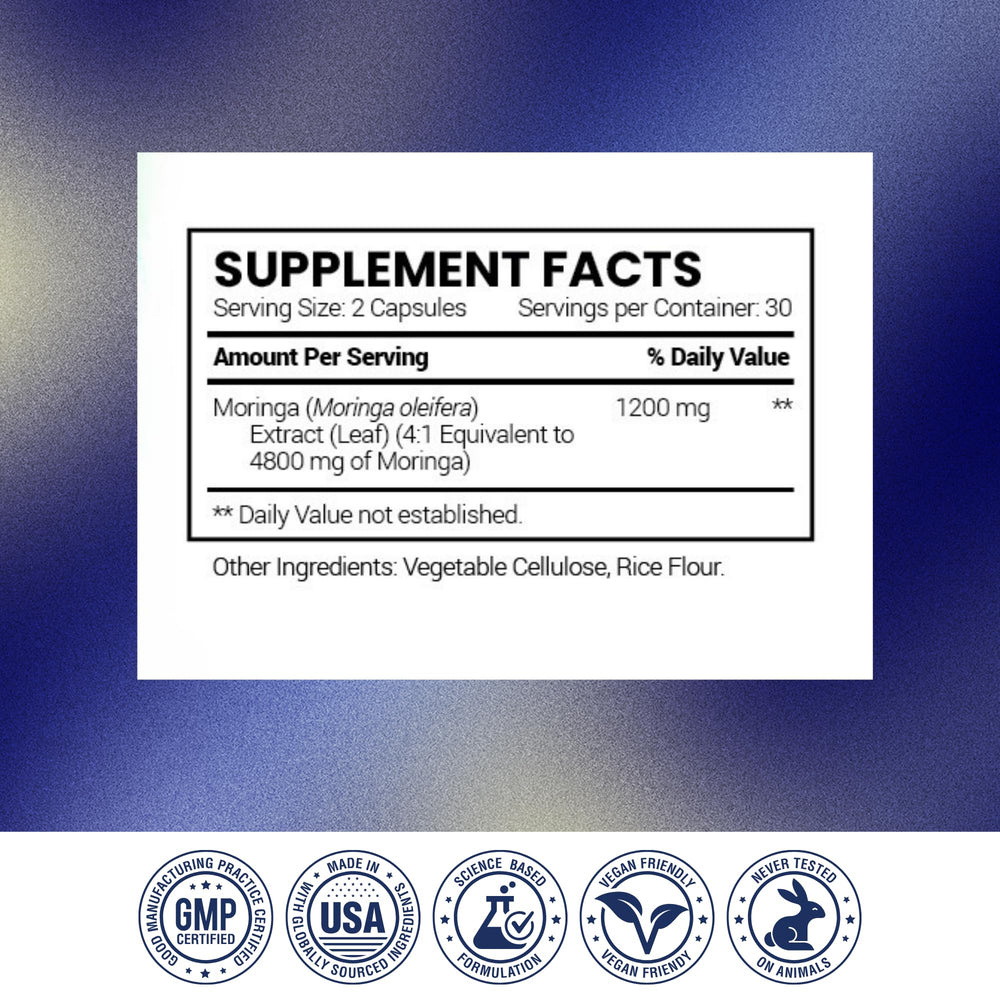 Research Verified Moringa Oleifera nutrition facts panel highlights 60 capsules for three-month supply