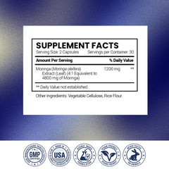 Research Verified Moringa Oleifera nutrition facts panel highlights 60 capsules for three-month supply