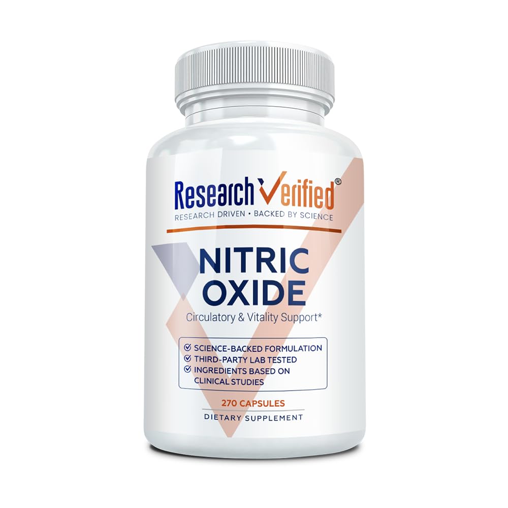 Research Verified Nitric Oxide bottle front for enhanced workouts.