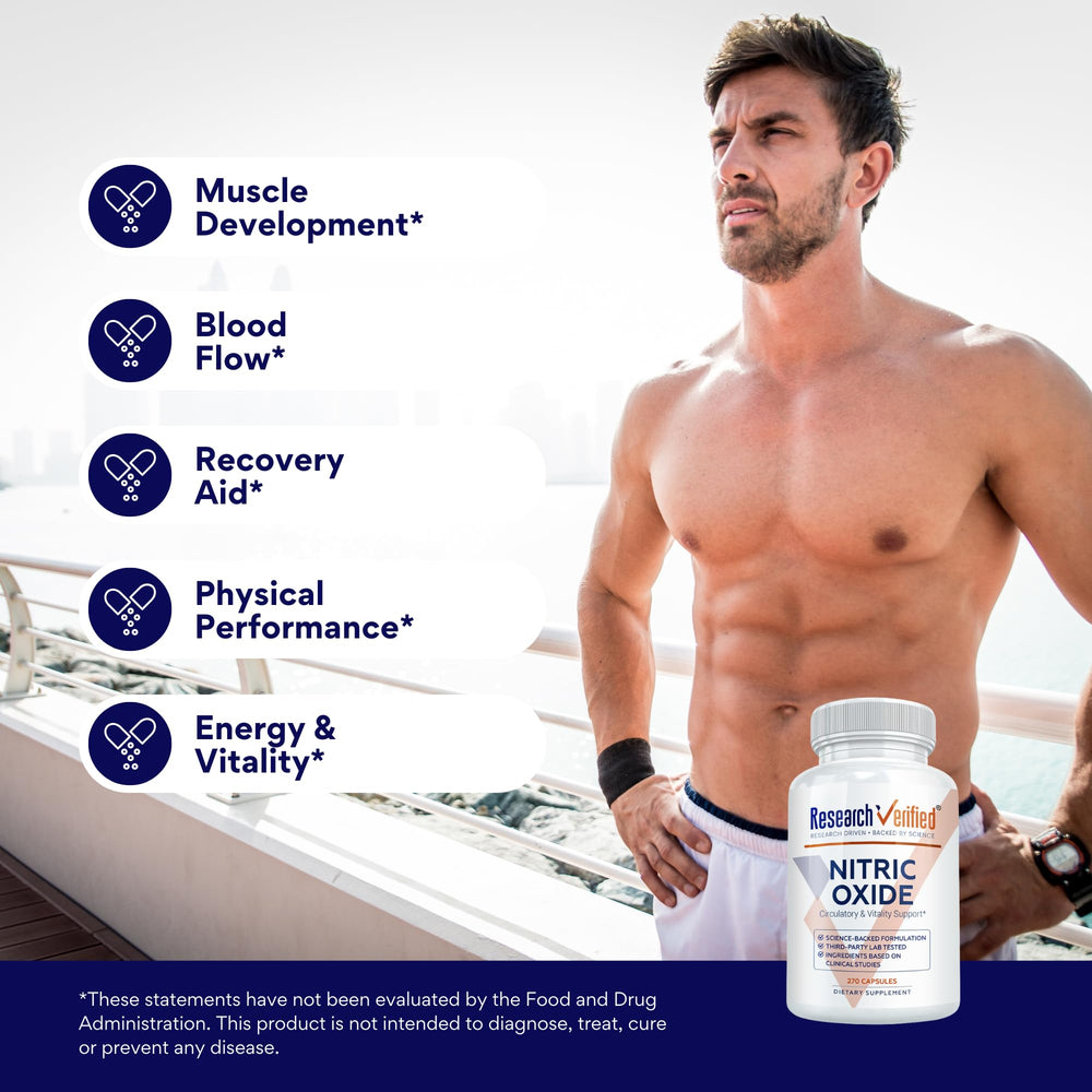 Research Verified Nitric Oxide capsules inside for easy daily use.