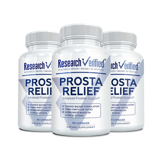 Research Verified Prosta Relief bottle front shows natural ingredients for prostate support.
