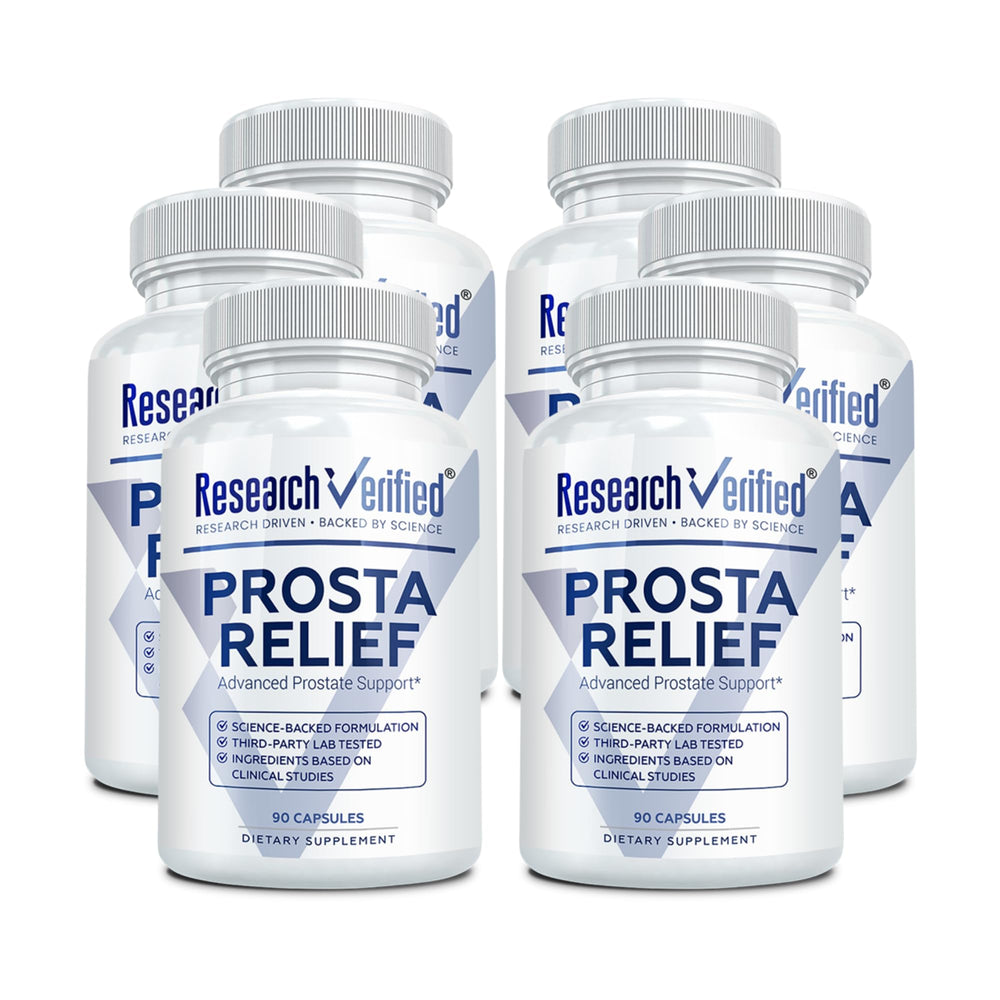 Research Verified Prosta Relief bottle for convenient daily prostate support.